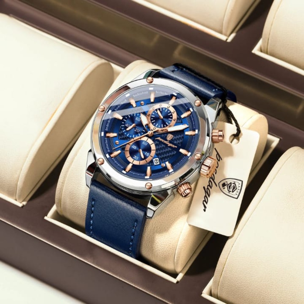 Poedagar 860 Multi-function Men's Quartz Watch Leather Strap Business Style Gentle Mature Six Hands Auto Date Waterproof Clock
