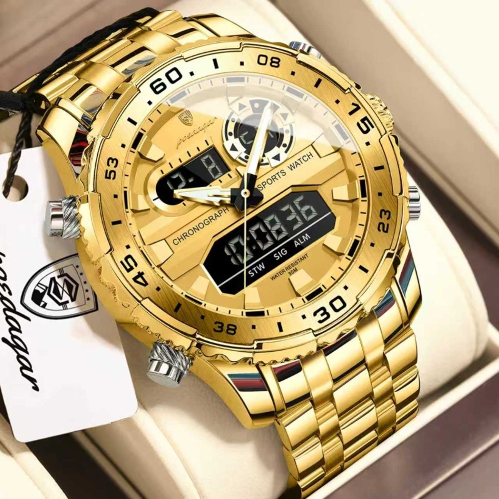 POEDAGAR E122 Luxury LED Men’s Watch Dual Time Digital Display Waterproof Date Male Electronic Stainless Steel Watch
