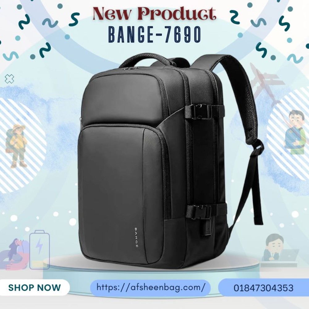 BANGE BG-7690 Travel Backpack Sleek, geometric, business-professional water-repellent, abrasion-resistant oxford fabric.