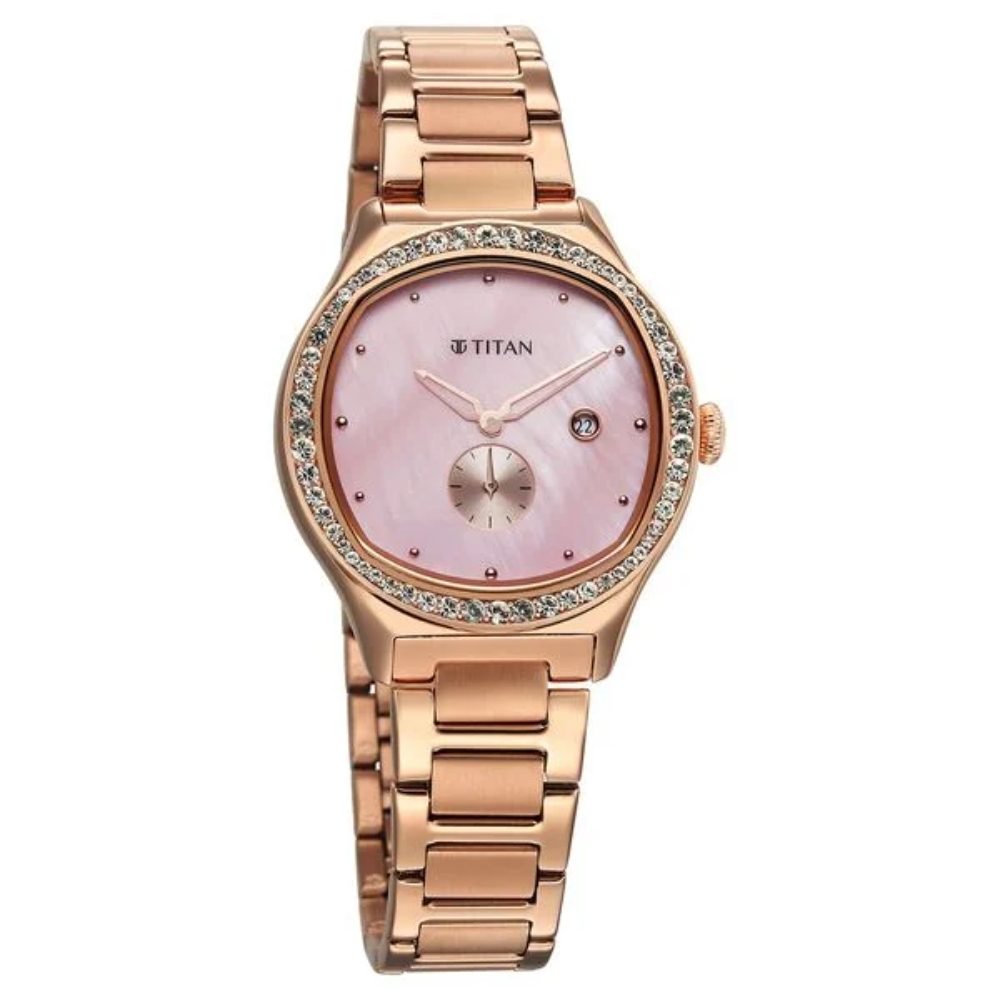Titan Glamour Quartz Analog with Date Mother Of Pearl Dial Stainless Steel Strap Watch For Women (95289WM01)
