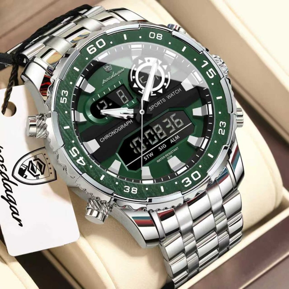 POEDAGAR E122 Luxury LED Men’s Watch Dual Time Digital Display Waterproof Date Male Electronic Stainless Steel Watch