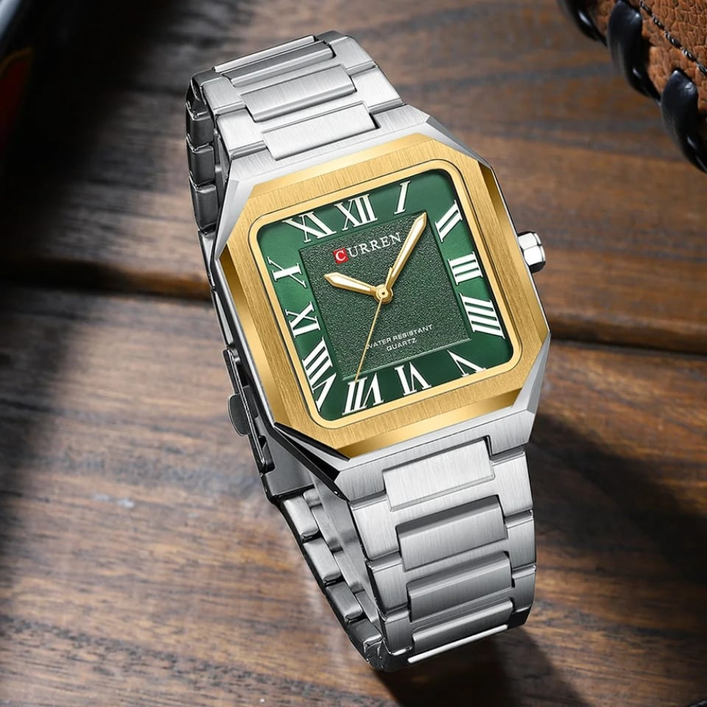 CURREN Vintage Square Design Dial with Roman Classic Business Dress Quartz Watch for Men with Luminous Hands 8482