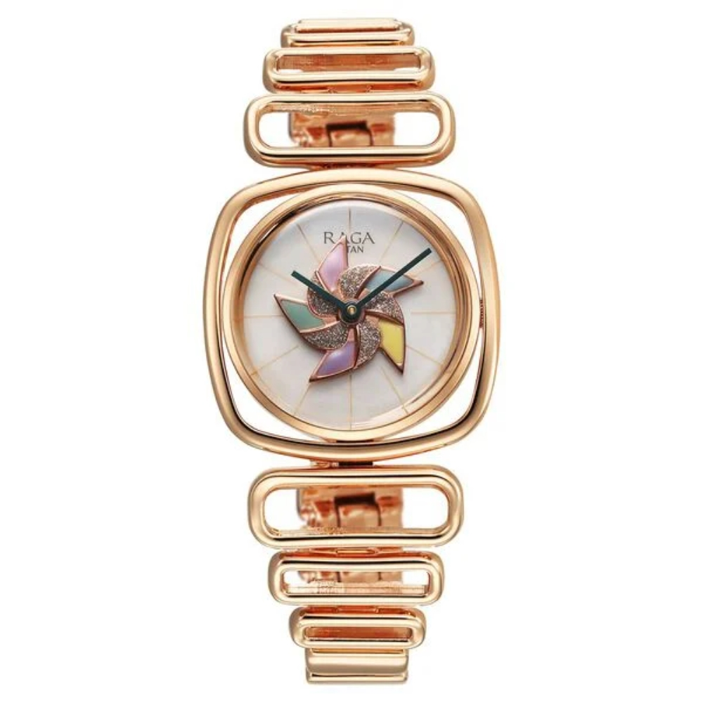 Titan Raga Memoirs Pinwheel Quartz Analog Mother of Pearl Dial With Rose Gold Color Metal Strap Watch For Women (95256WM01)