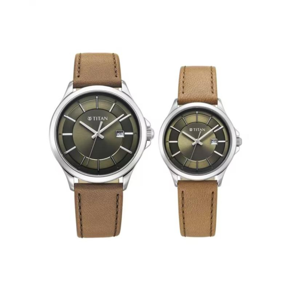 Titan Bandhan Quartz Analog with Date Green Dial Brown Leather Strap Watch For Couple (9401194211SL01)