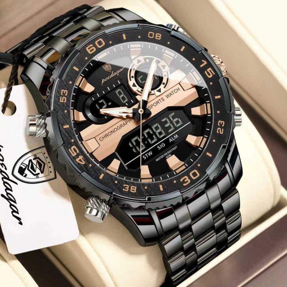POEDAGAR E122 Luxury LED Men’s Watch Dual Time Digital Display Waterproof Date Male Electronic Stainless Steel Watch