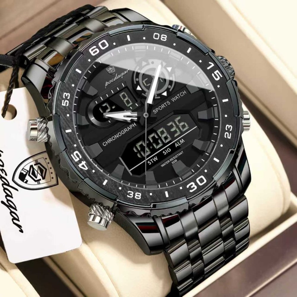 POEDAGAR E122 Luxury LED Men’s Watch Dual Time Digital Display Waterproof Date Male Electronic Stainless Steel Watch