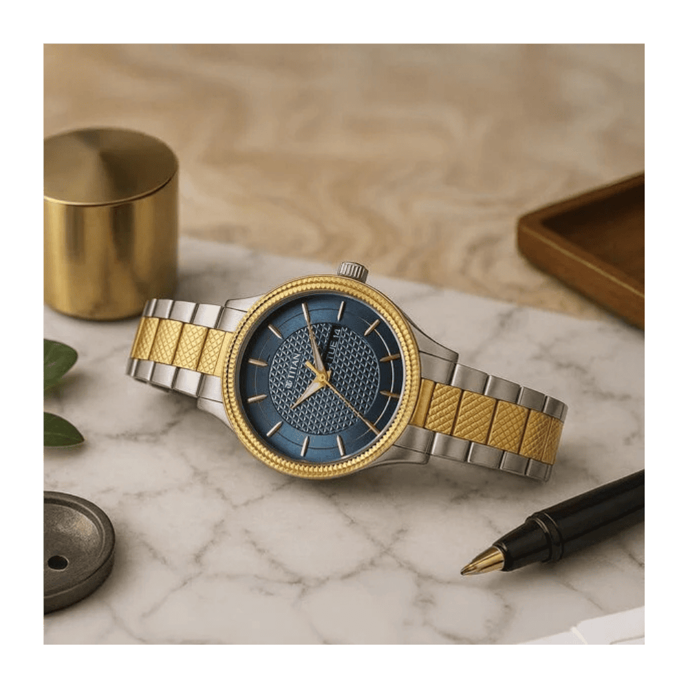 Titan Karishma Wedding Edit Quartz Analog with Day and Date Blue Dial Stainless Steel Strap Watch For Men (1650BM05)