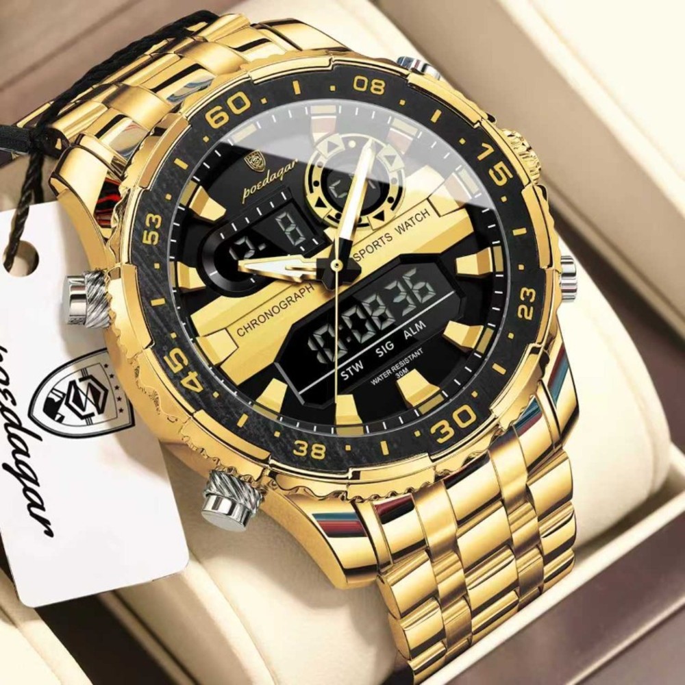 POEDAGAR E122 Luxury LED Men’s Watch Dual Time Digital Display Waterproof Date Male Electronic Stainless Steel Watch