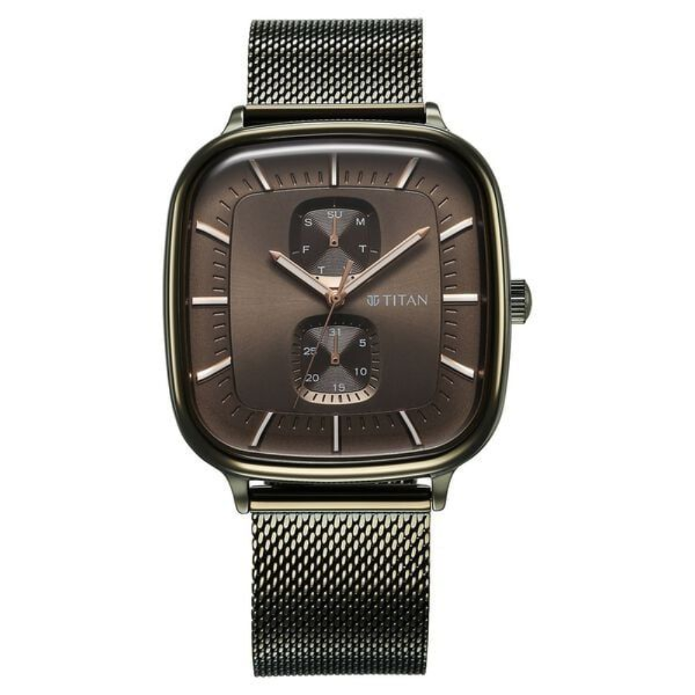 Titan Avant Garde Quartz Multifunction Brown Dial With Green Color Stainless Steel Strap Watch For Men (90178QM02)