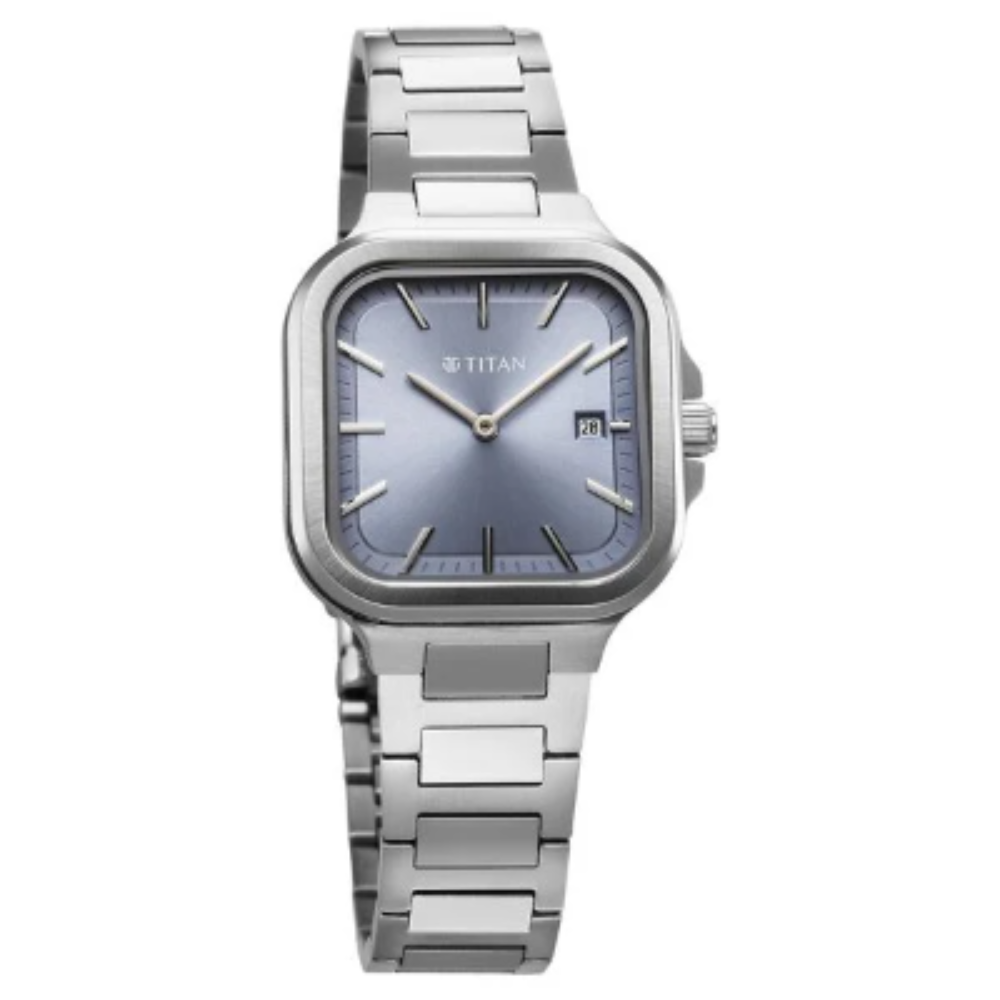 Titan Slim Square Quartz Analog with Date Blue Dial With Silver Color Stainless Steel Strap Watch For Women (95291SM01)