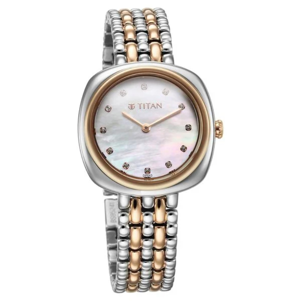 Titan Aura Quartz Analog White Mother Of Pearl Dial Rose Gold and Silver Stainless Steel Strap Watch for Women (95241KM01)