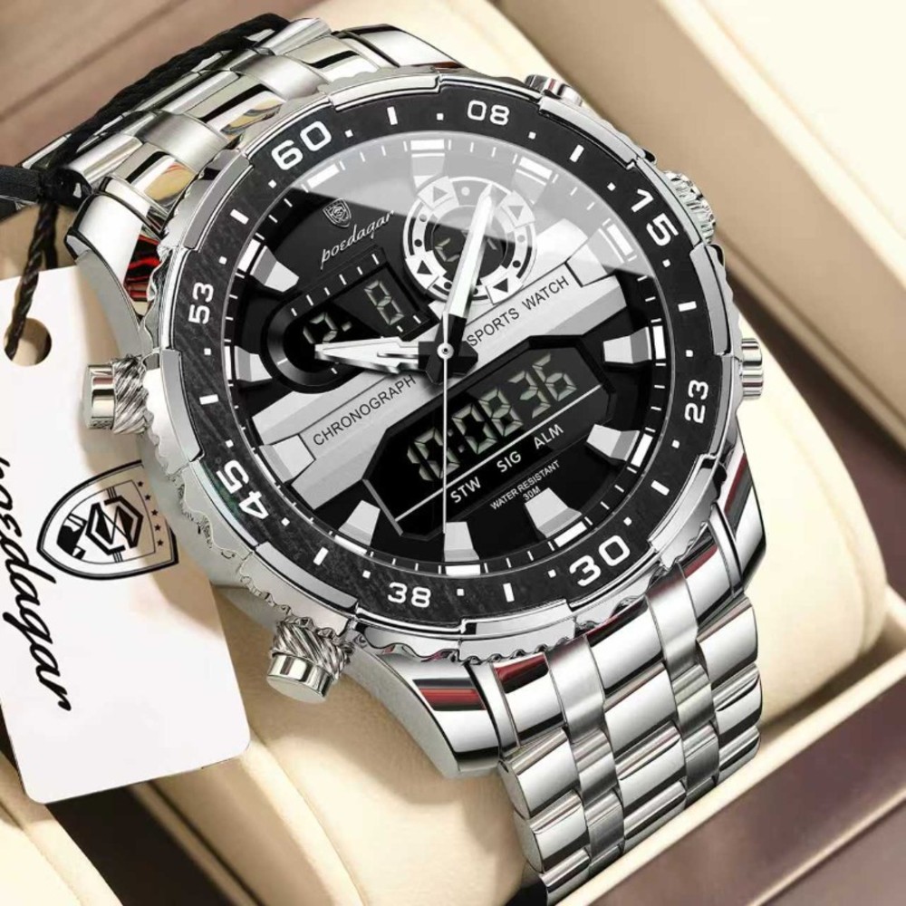 POEDAGAR E122 Luxury LED Men’s Watch Dual Time Digital Display Waterproof Date Male Electronic Stainless Steel Watch