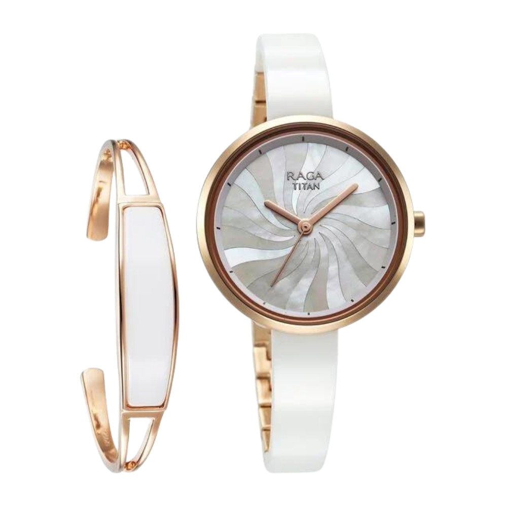 Titan Raga Memoirs Quartz Analog Mother Of Pearl Dial With White Ceramic Strap Watch For Women 95253KD01