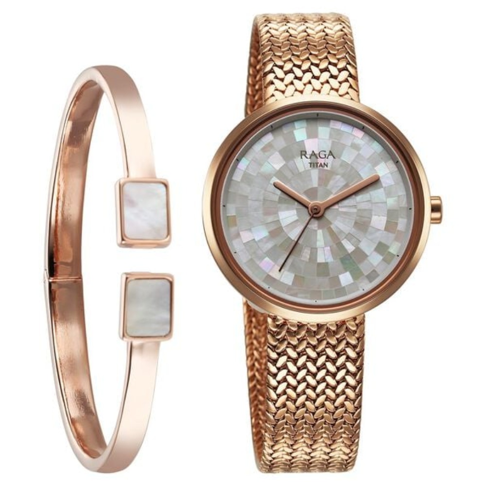Titan Raga Women's Watch Analog Mother of Pearl Dial with Rose Gold Stainless Steel Band 95253WM02