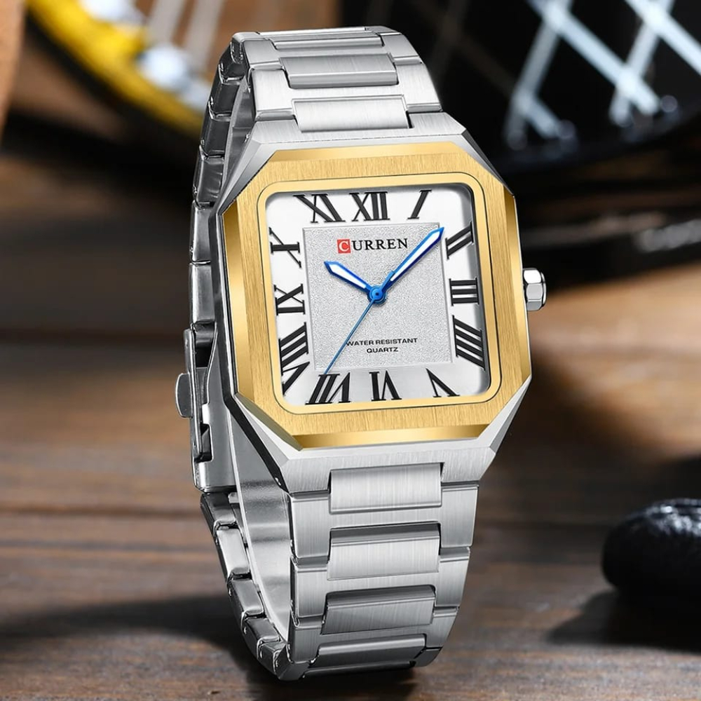 CURREN Vintage Square Design Dial with Roman Classic Dress Quartz Watch for Men with Luminous Hands 8482