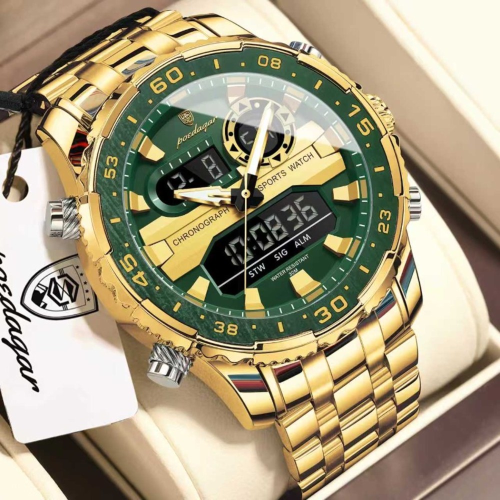 POEDAGAR E122 Luxury LED Men’s Watch Dual Time Digital Display Waterproof Date Male Electronic Stainless Steel Watch
