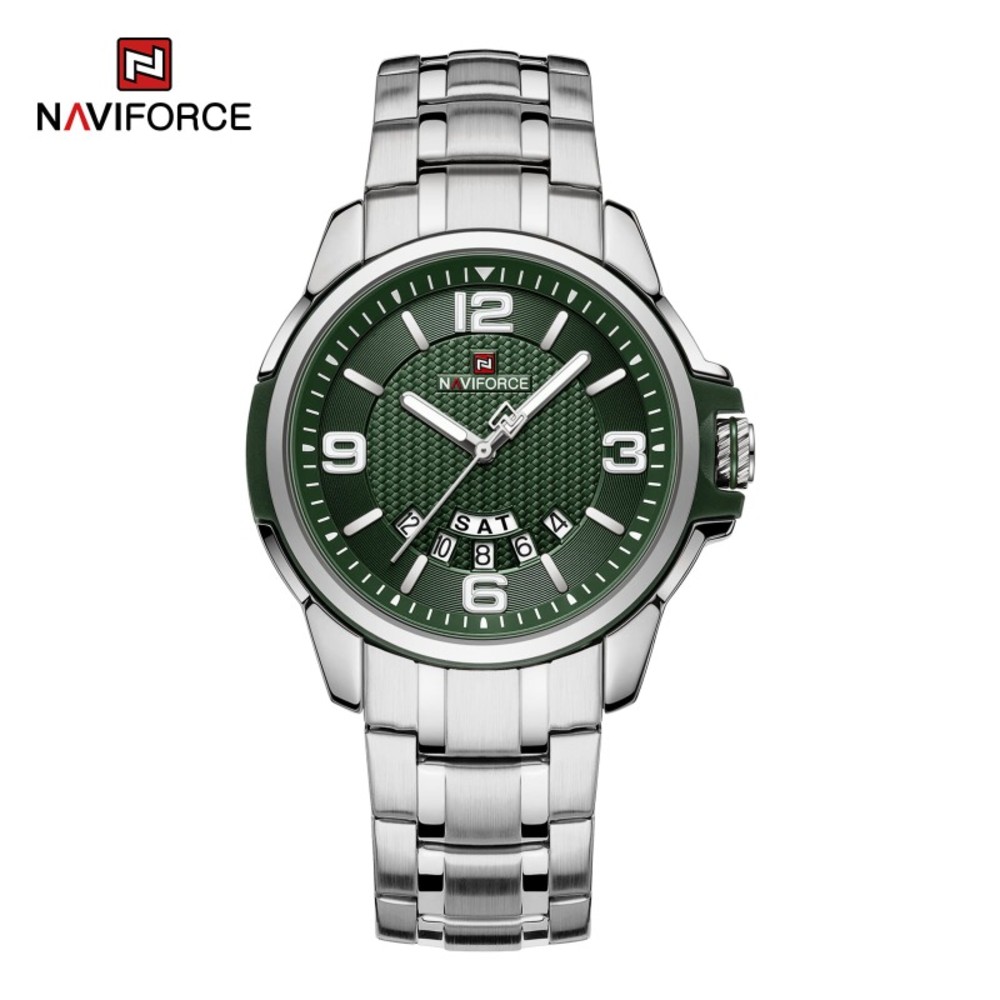 NAVIFORCE 9215 Watch Luxury Original Stainless Steel Belt Quartz Wrist Watches for Men - Silver Green