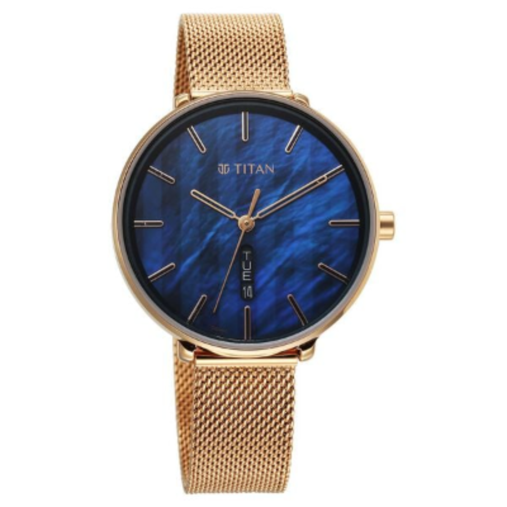 Titan Neo Analog with Day and Date Mother Of Pearl Dial Rose Gold Color Stainless Steel Strap Watch For Women
