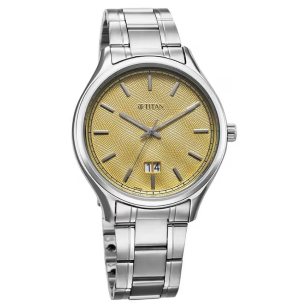 Titan Palette Of Time Quartz Analog with Date Yellow Dial Stainless Steel Strap Watch For Men (10033SM06)