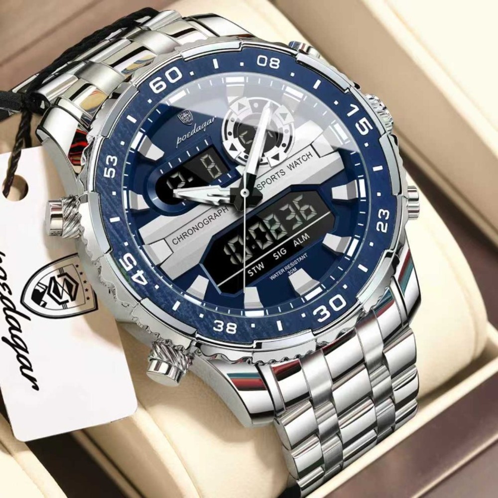 POEDAGAR E122 Luxury LED Men’s Watch Dual Time Digital Display Waterproof Date Male Electronic Stainless Steel Watch