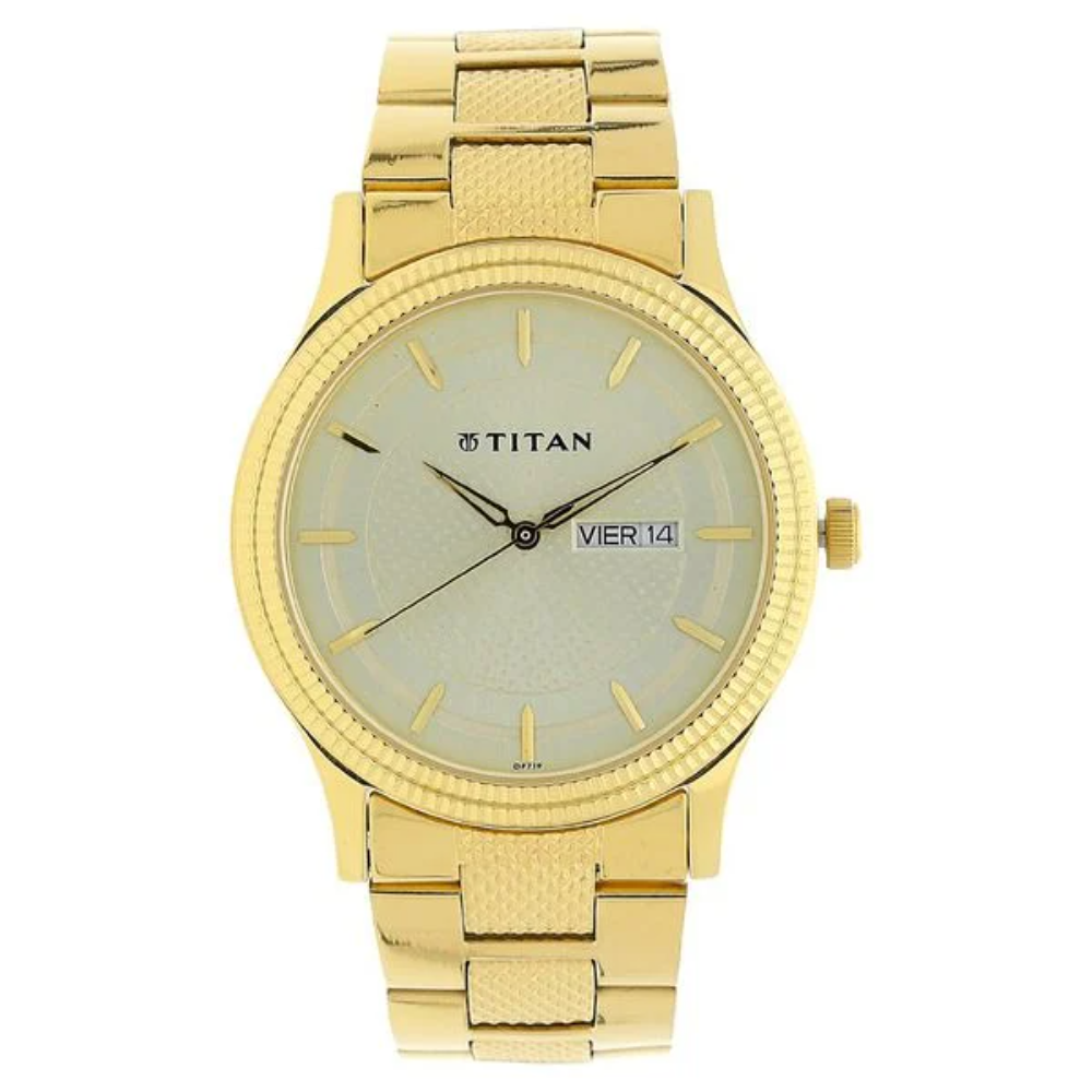 Titan Analog with Day and Date Quartz Champagne Dial Metal Round Stainless Steel Strap watch for Men (1650YM06)
