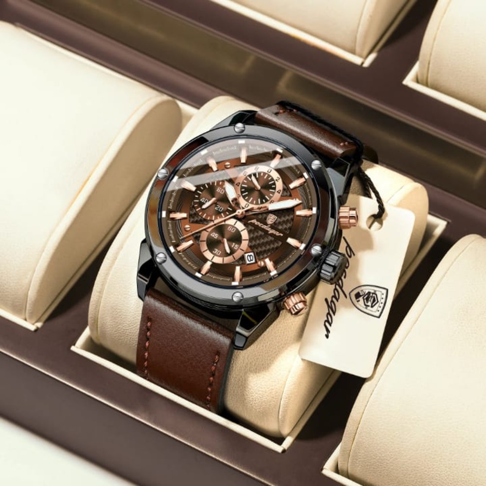 Poedagar 860 Multi-function Men's Quartz Watch Leather Strap Business Style Gentle Mature Six Hands Auto Date Waterproof