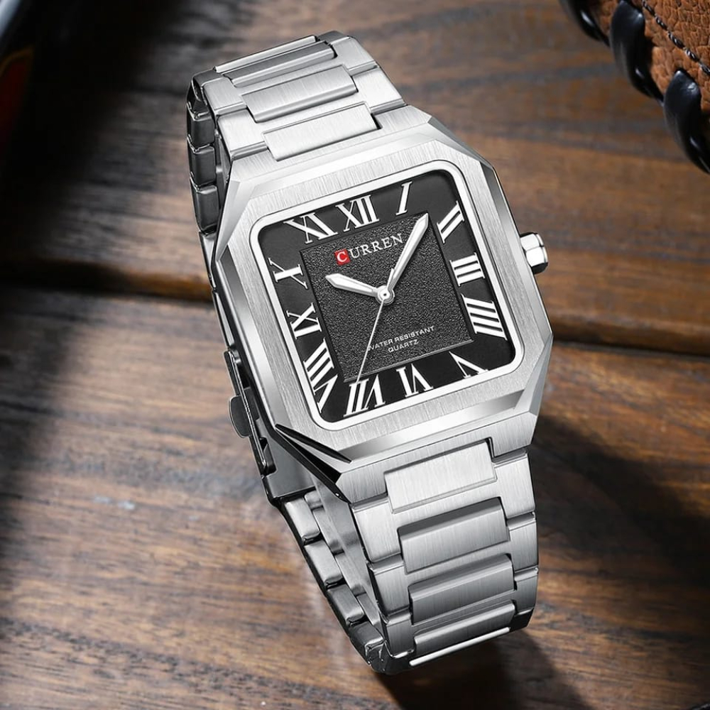 CURREN Vintage Square Design Dial with Roman Numeral Classic Business Quartz Watch for Men with Luminous Hands 8482