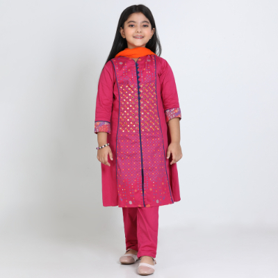 Girls 3-Pcs sleeveless Striped Kurti set